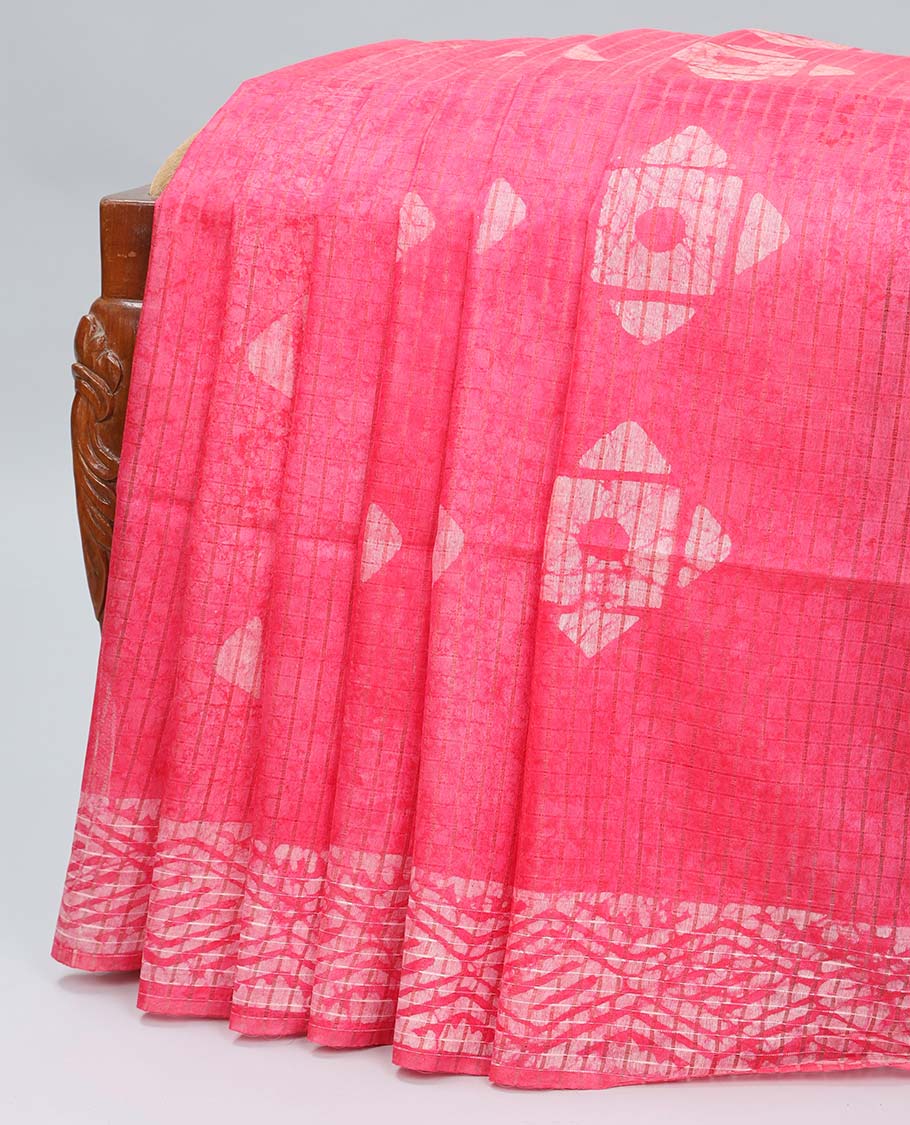 Pink-checked linen cotton saree with batik print, batik border & pallu of batik print