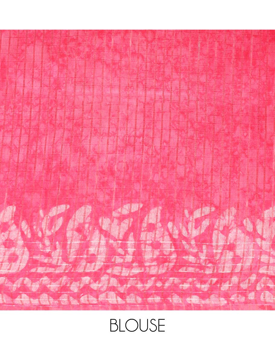 Pink-checked linen cotton saree with batik print, batik border & pallu of batik print
