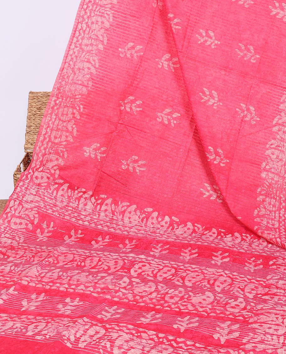 Pink-checked linen cotton saree with batik print, batik border & pallu of batik print