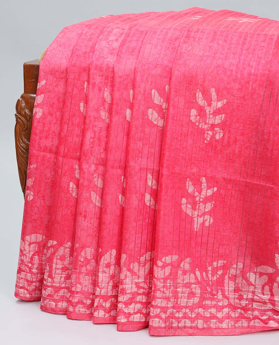 Pink-checked linen cotton saree with batik print, batik border & pallu of batik print