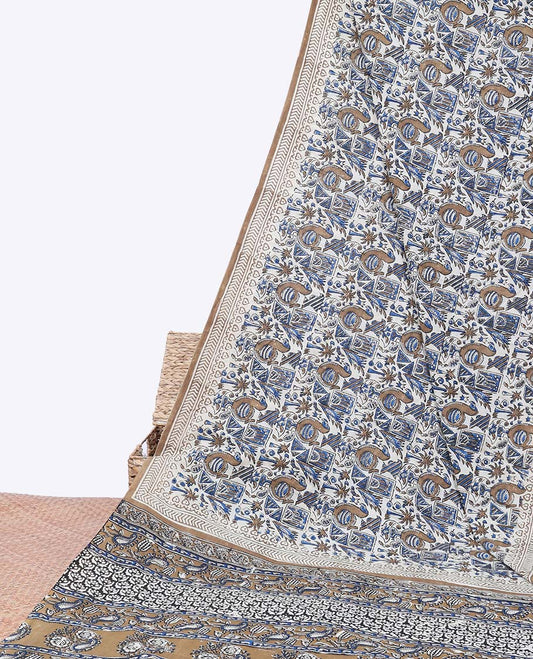 Multi-color intricately designed mul-mul cotton saree, geometric border & paisley printed pallu