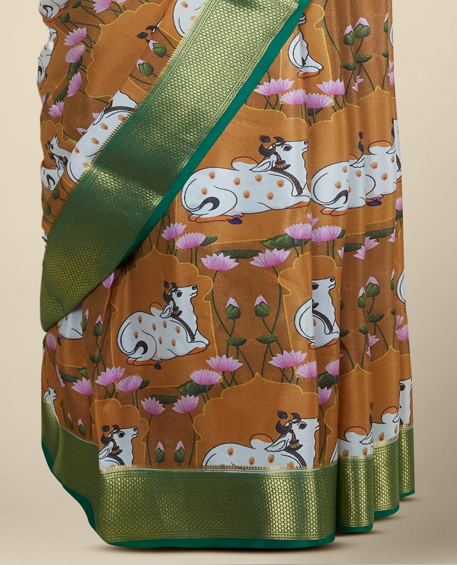Mustard pichwai cows & lotus motifs printed mysore silk saree, contrast traditional design border