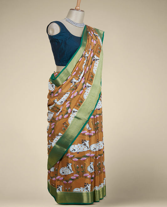 Mustard pichwai cows & lotus motifs printed mysore silk saree, contrast traditional design border