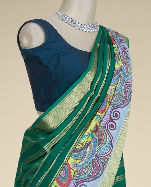 Green zari designs & kaleidoscopic-colored intricately printed mysore silk saree, zari border