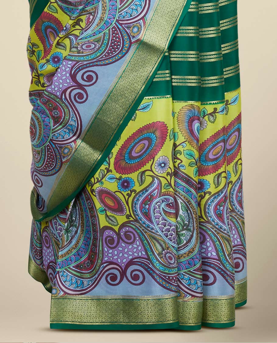 Green zari designs & kaleidoscopic-colored intricately printed mysore silk saree, zari border
