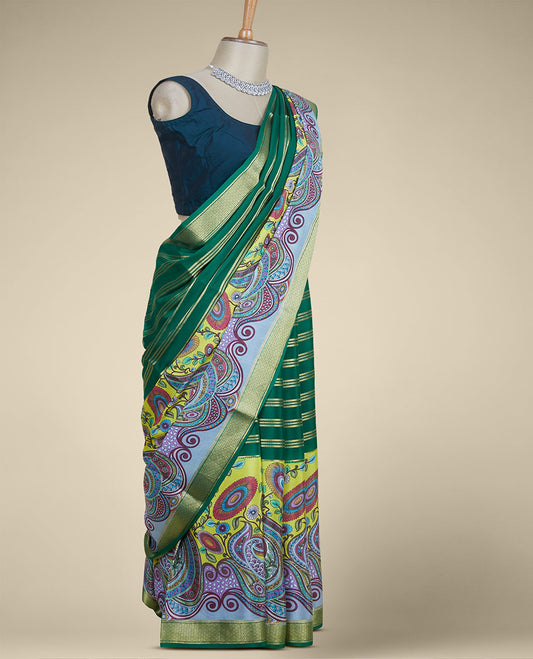 Green zari designs & kaleidoscopic-colored intricately printed mysore silk saree, zari border