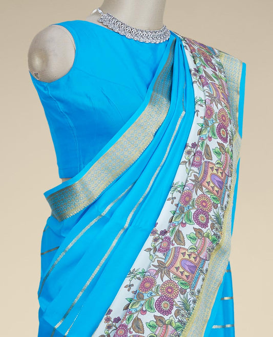 Blue zari designs & kaleidoscopic-colored intricately printed mysore silk saree, zari border