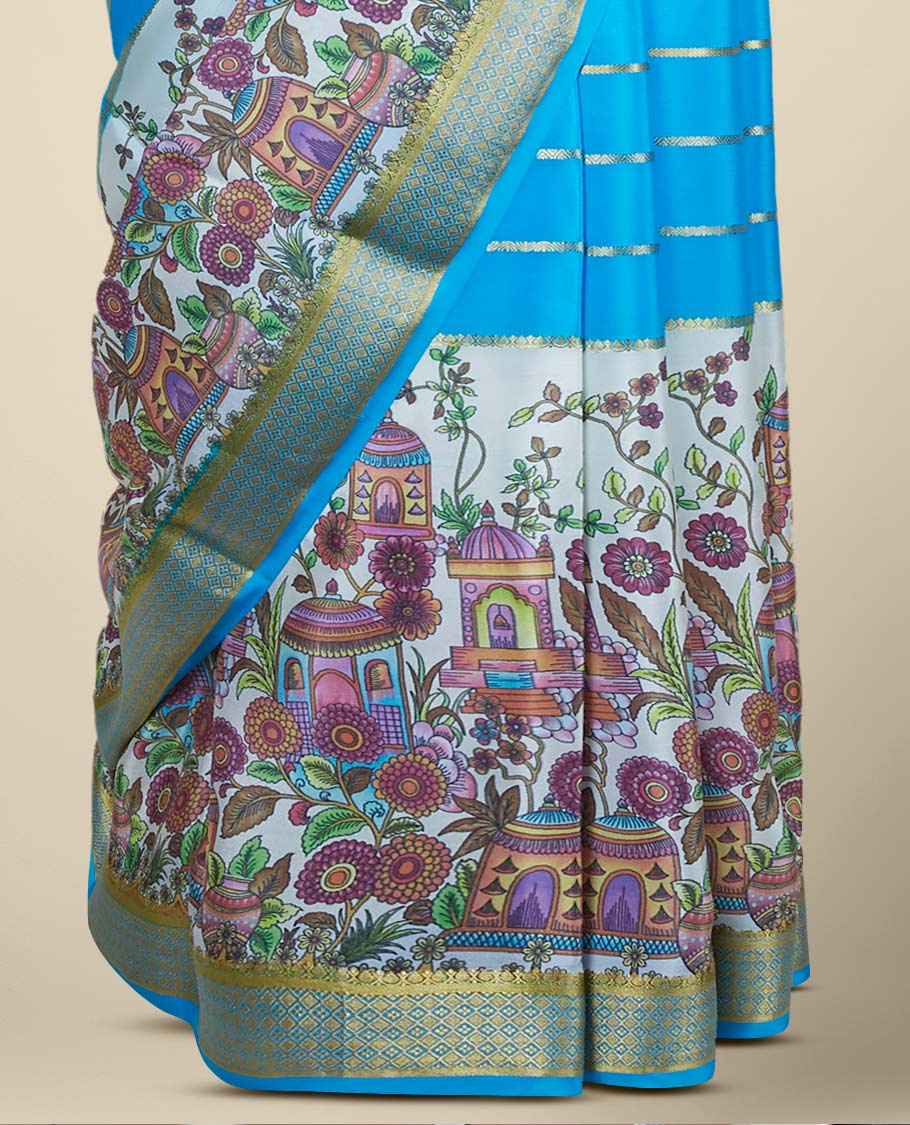 Blue zari designs & kaleidoscopic-colored intricately printed mysore silk saree, zari border
