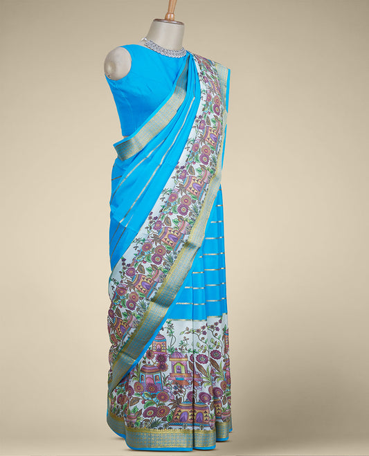 Blue zari designs & kaleidoscopic-colored intricately printed mysore silk saree, zari border