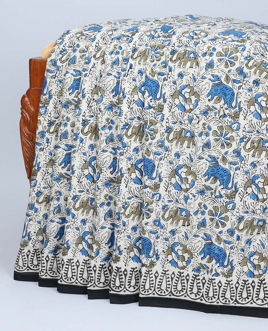Off-white elephant motifs printed mul-mul cotton saree, printed border & paisley printed pallu