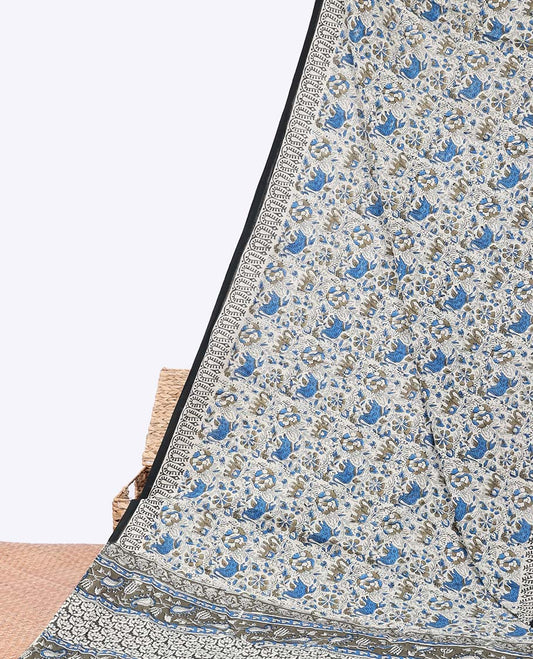 Off-white elephant motifs printed mul-mul cotton saree, printed border & paisley printed pallu