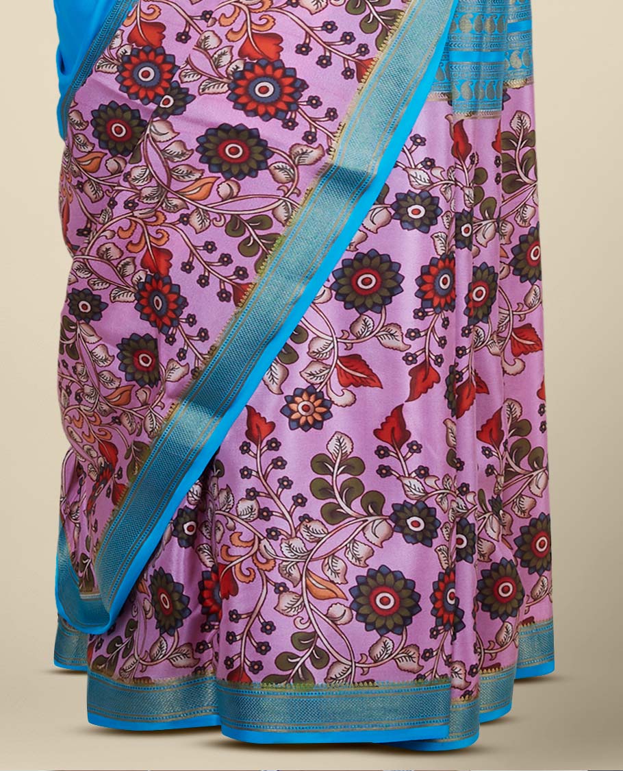 Pink traditional zari designs & floral printed mysore silk saree, traditional zari border