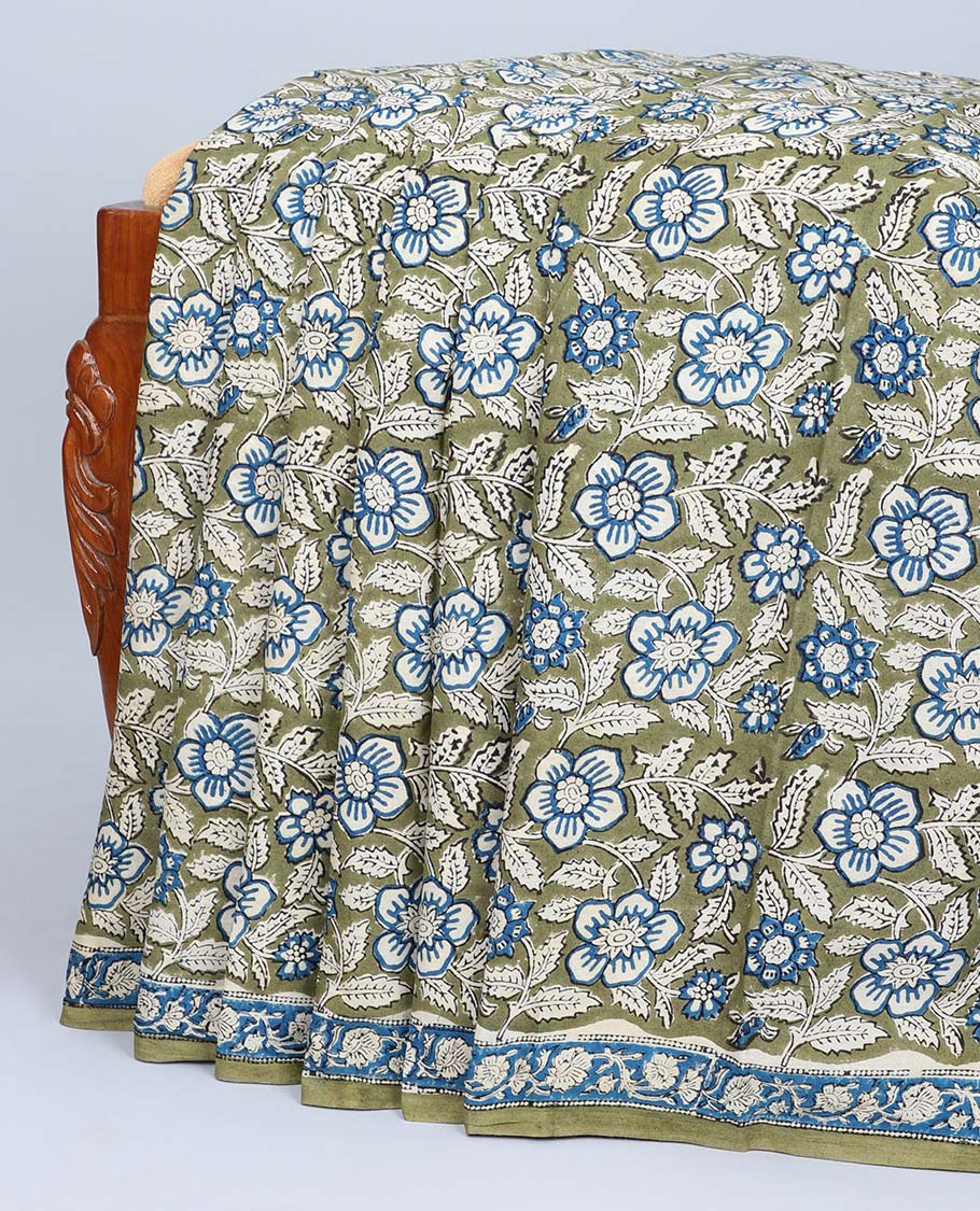 Green floral vine printed mul-mul cotton saree, floral vine printed border & paisley & geometric printed pallu