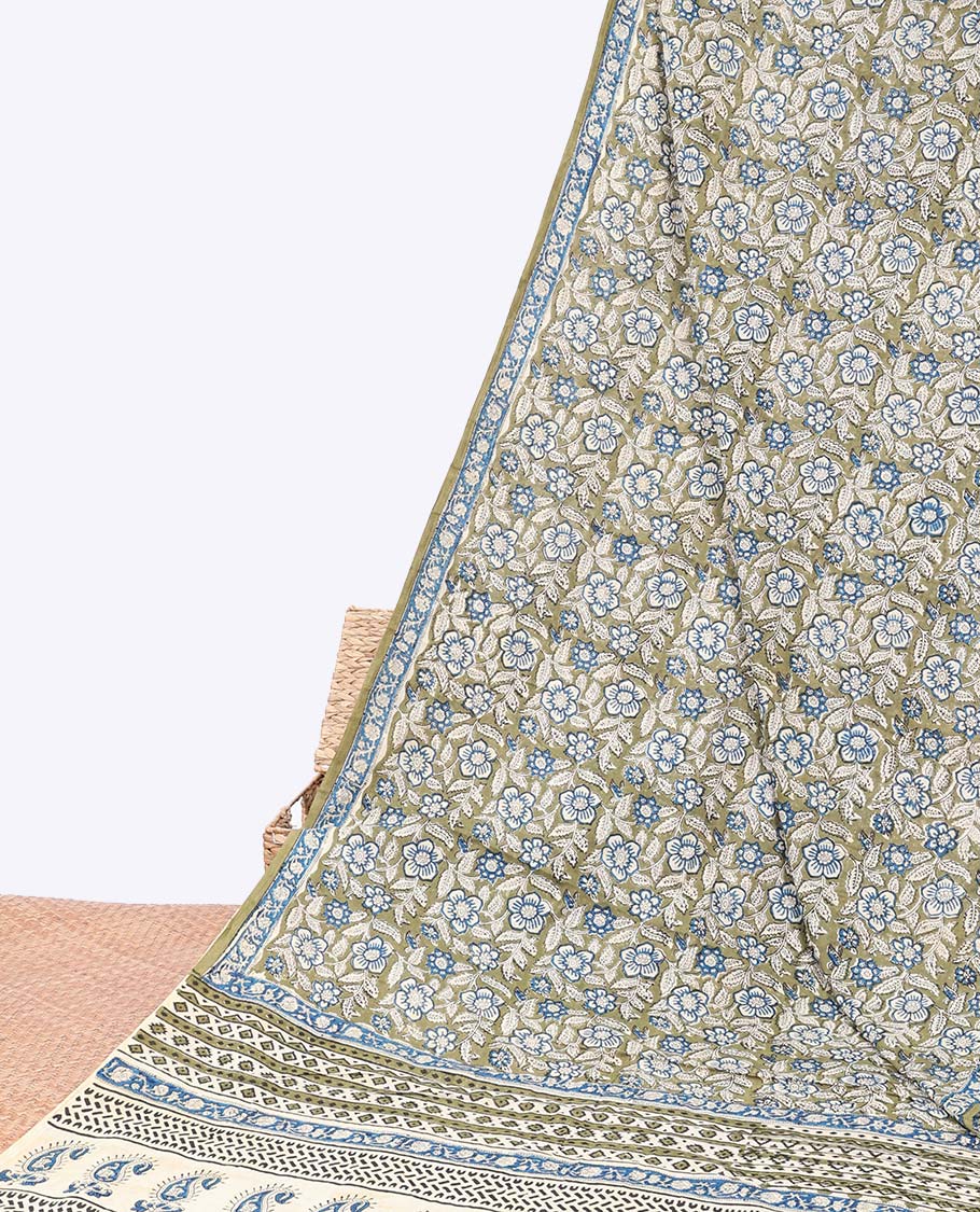 Green floral vine printed mul-mul cotton saree, floral vine printed border & paisley & geometric printed pallu