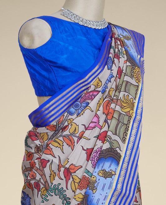 Multi-color kalamkari-style flora, fauna & human motifs printed mysore silk saree, contrast traditional zari border