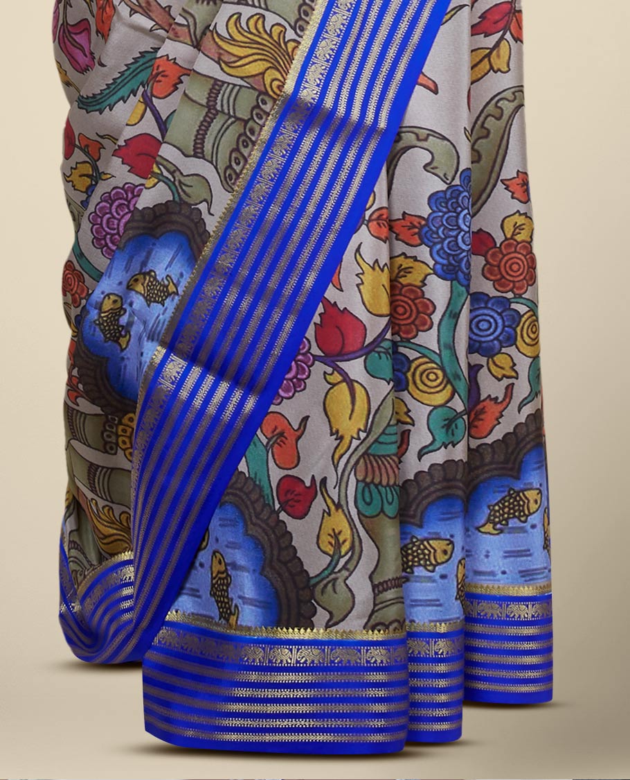 Multi-color kalamkari-style flora, fauna & human motifs printed mysore silk saree, contrast traditional zari border