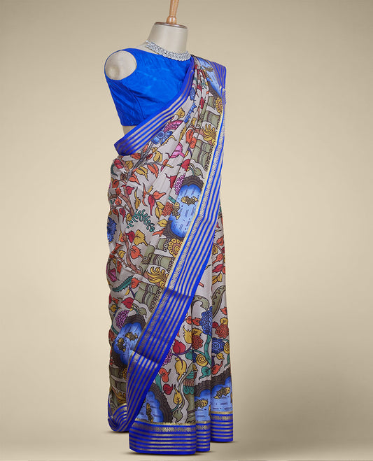 Multi-color kalamkari-style flora, fauna & human motifs printed mysore silk saree, contrast traditional zari border