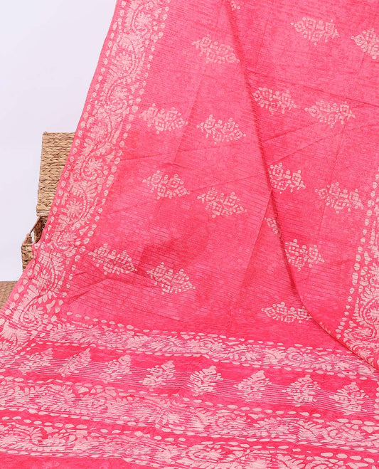 Pink-checked linen cotton saree with batik print, batik border & pallu of batik print