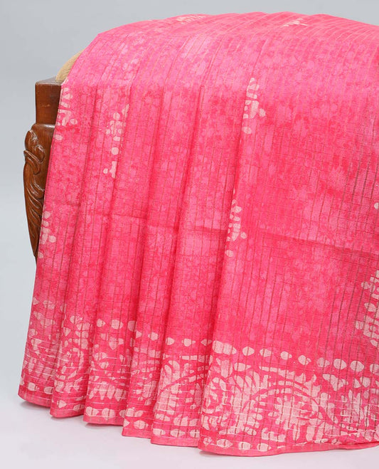 Pink-checked linen cotton saree with batik print, batik border & pallu of batik print