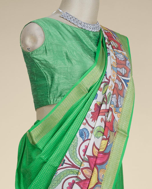 Green zari checked & kaleidoscopic-color floral printed mysore silk saree, traditional zari border