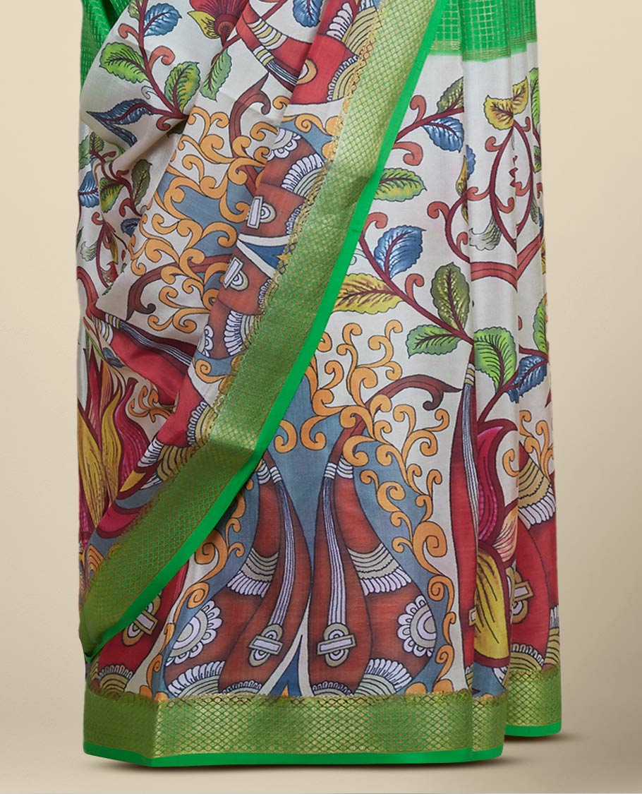 Green zari checked & kaleidoscopic-color floral printed mysore silk saree, traditional zari border