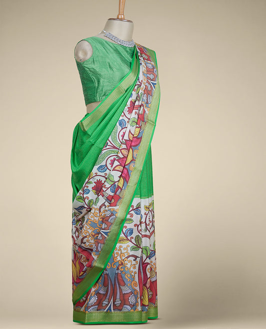 Green zari checked & kaleidoscopic-color floral printed mysore silk saree, traditional zari border