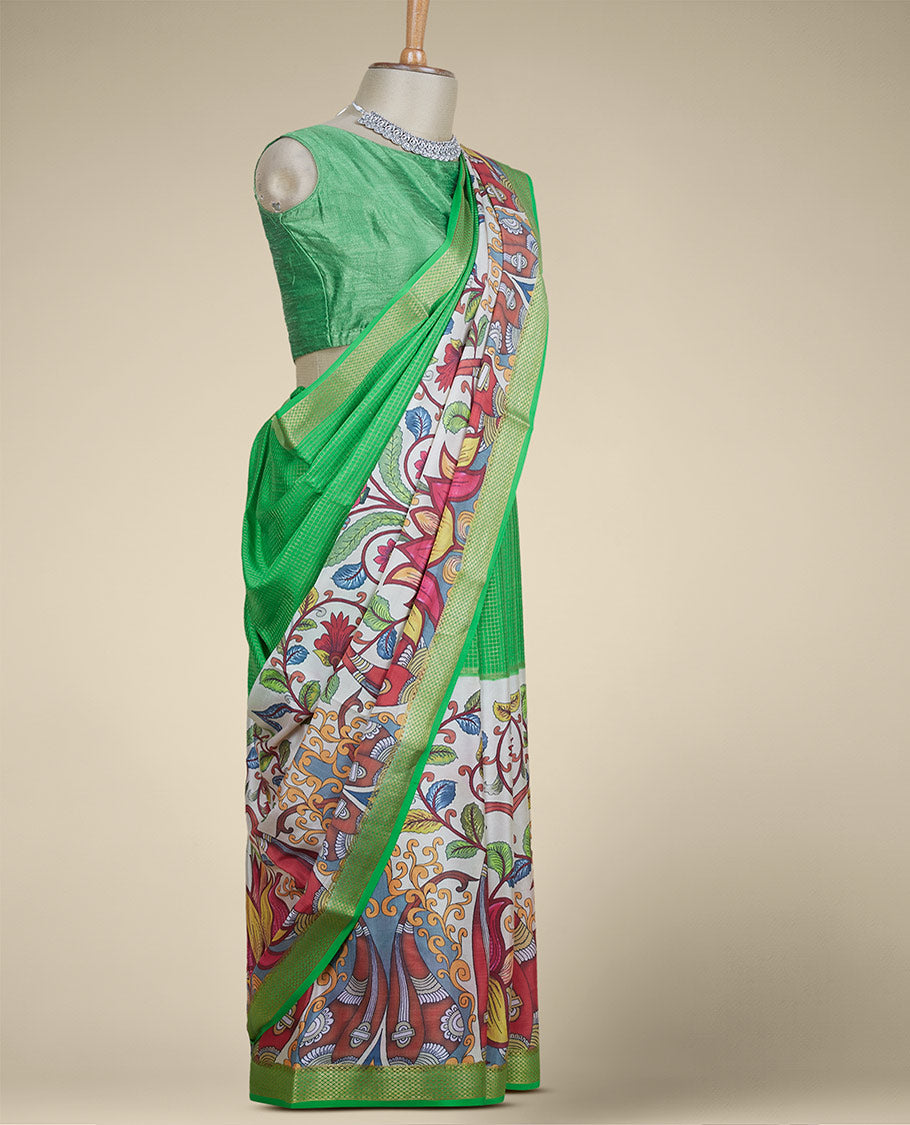 Green zari checked & kaleidoscopic-color floral printed mysore silk saree, traditional zari border