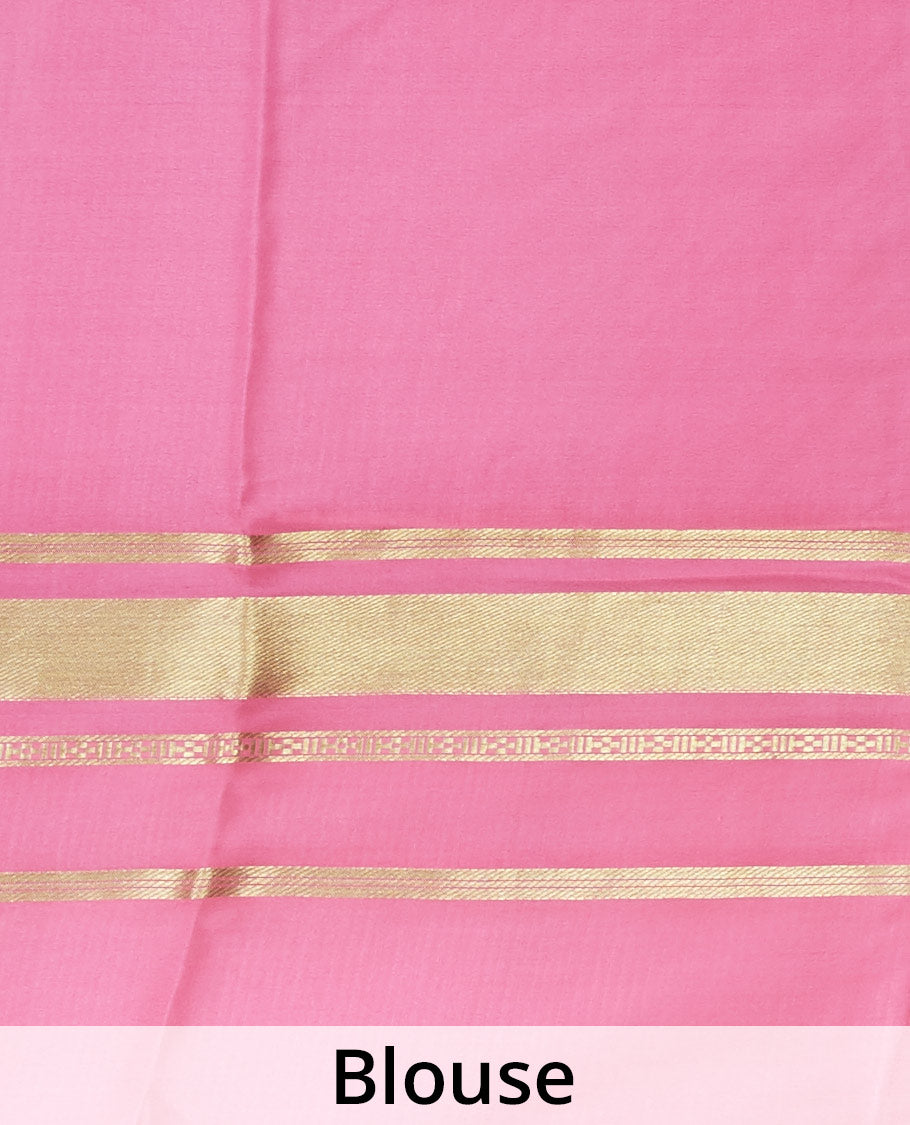 Maroon floral & bird printed mysore silk saree, contrast traditional zari border