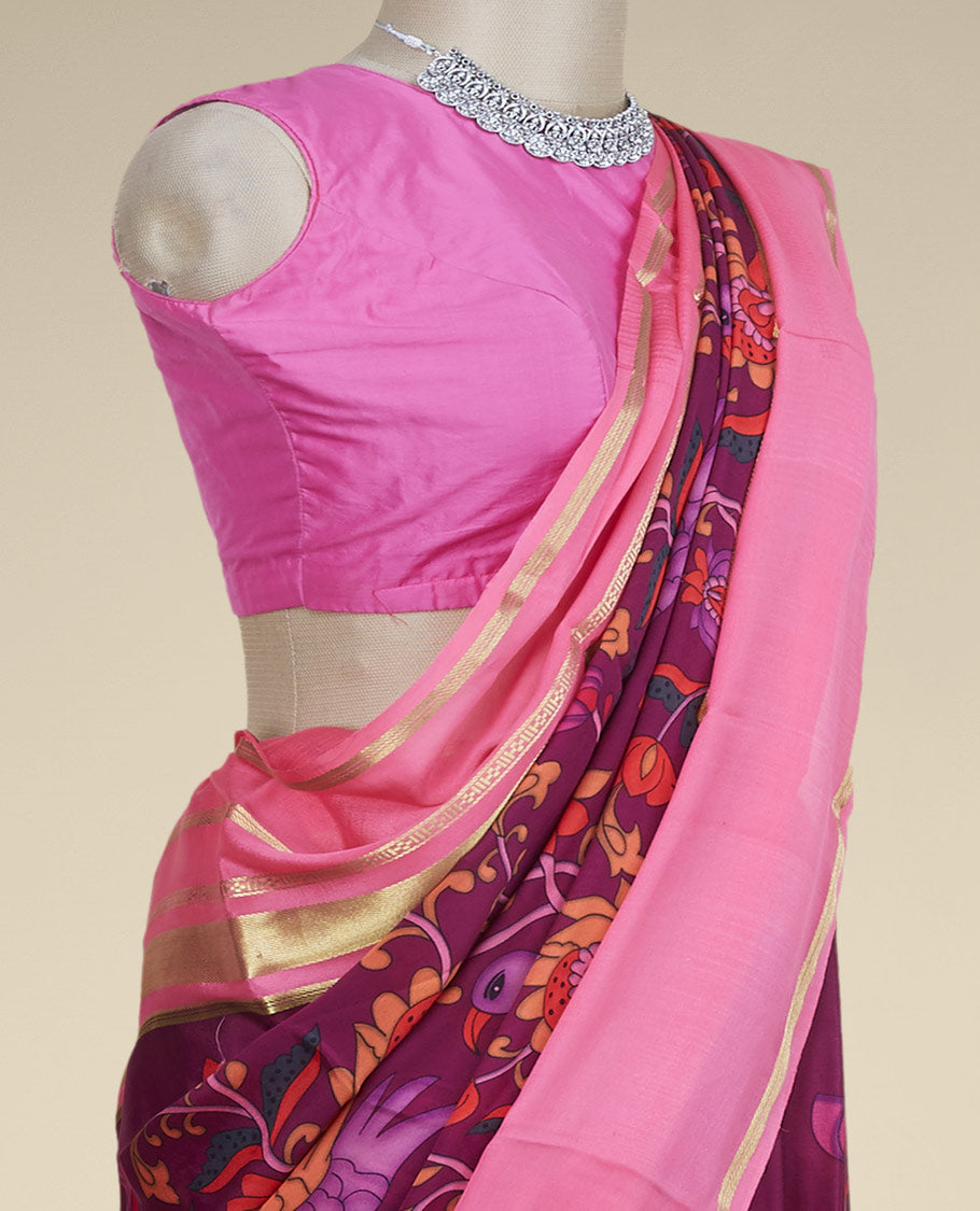 Maroon floral & bird printed mysore silk saree, contrast traditional zari border