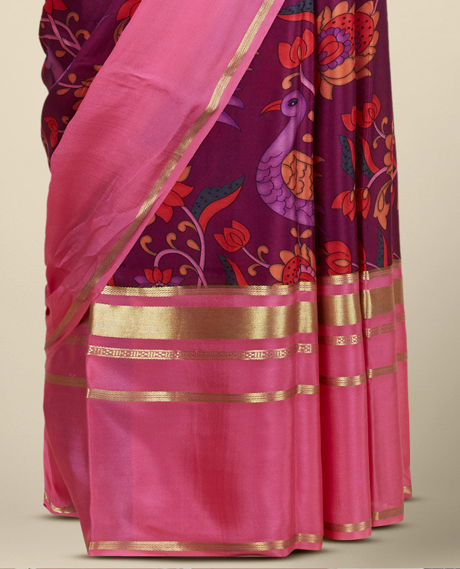 Maroon floral & bird printed mysore silk saree, contrast traditional zari border