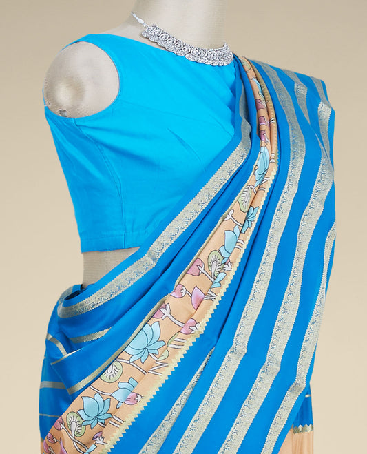 Blue pichwai lotus floral vine printed mysore silk saree, floral design zari border