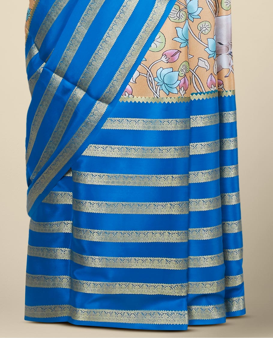 Blue pichwai lotus floral vine printed mysore silk saree, floral design zari border