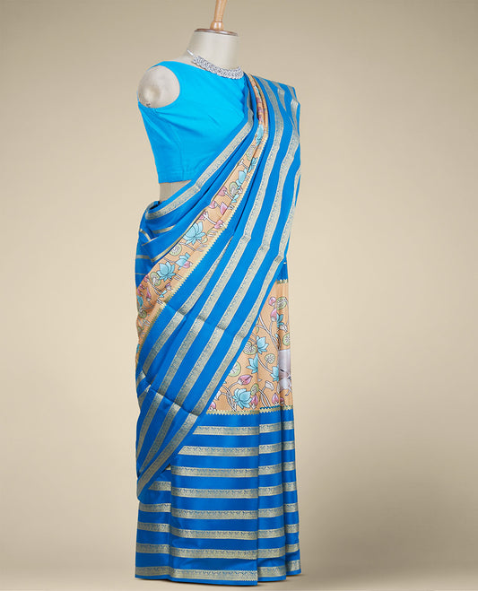 Blue pichwai lotus floral vine printed mysore silk saree, floral design zari border