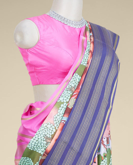 Multi-color pichwai-theme cow and floral printed mysore silk saree, contrast traditional zari border