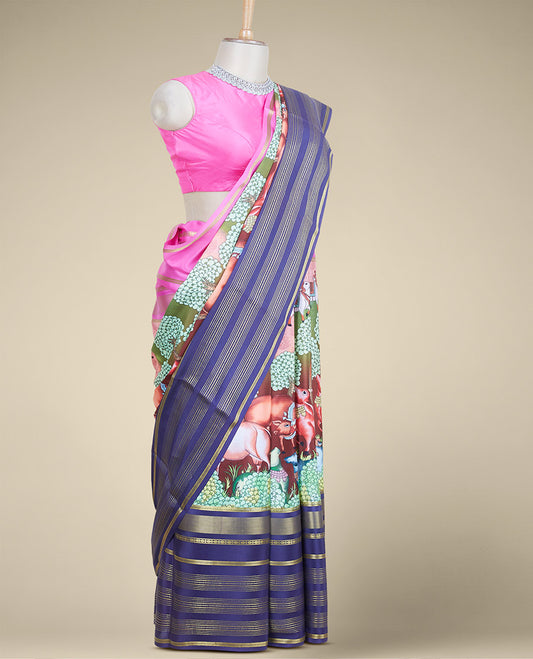 Multi-color pichwai-theme cow and floral printed mysore silk saree, contrast traditional zari border