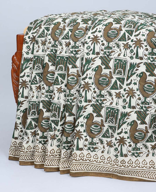Multi-color flora & fauna printed mul-mul cotton saree, printed border & paisley printed pallu