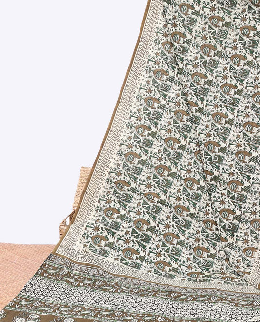 Multi-color flora & fauna printed mul-mul cotton saree, printed border & paisley printed pallu