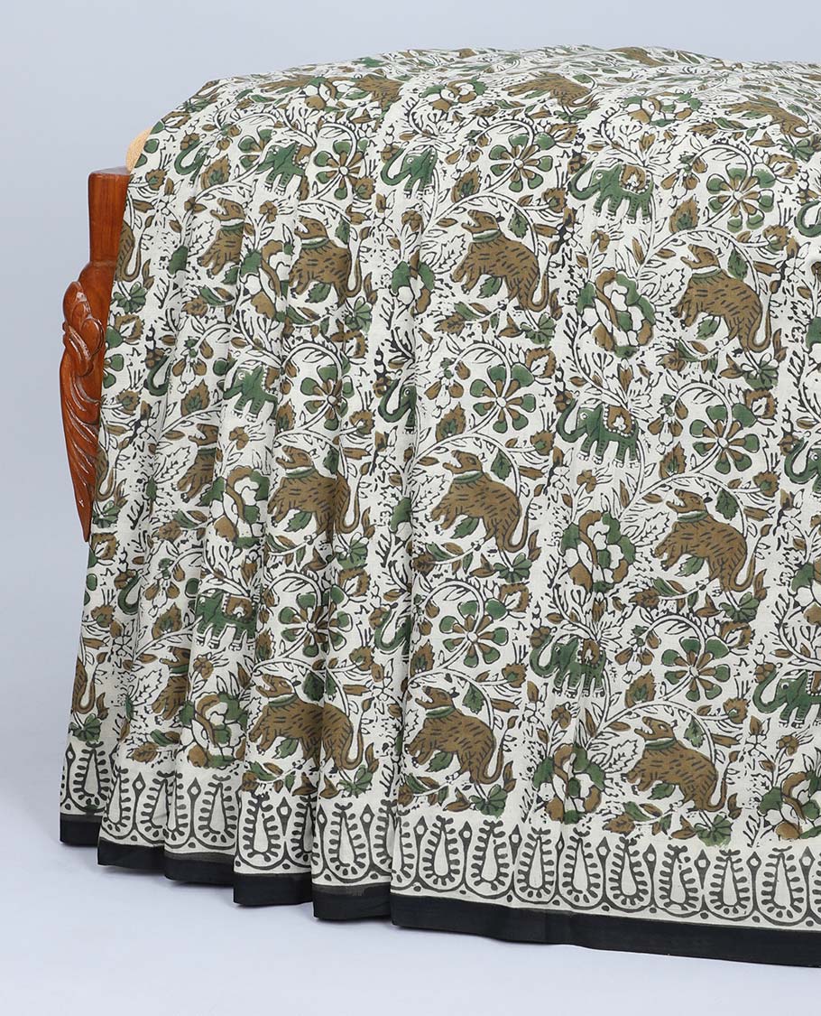 Multi-color flora & fauna printed mul-mul cotton saree, printed border & paisley printed pallu