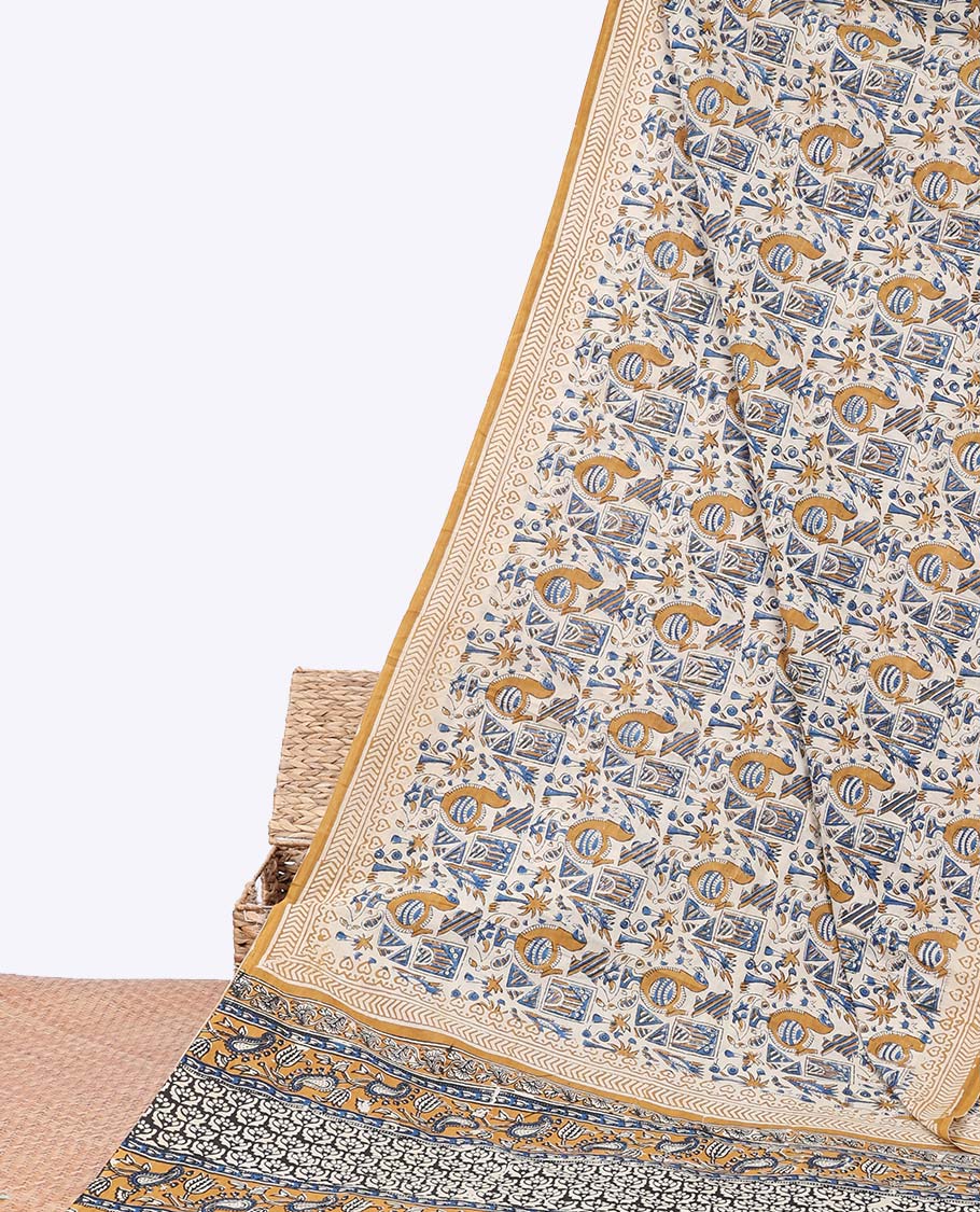 Multi-color flora & fauna printed mul-mul cotton saree, printed border & paisley printed pallu