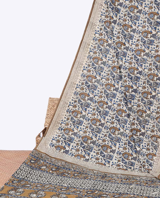 Multi-color flora & fauna printed mul-mul cotton saree, printed border & paisley printed pallu