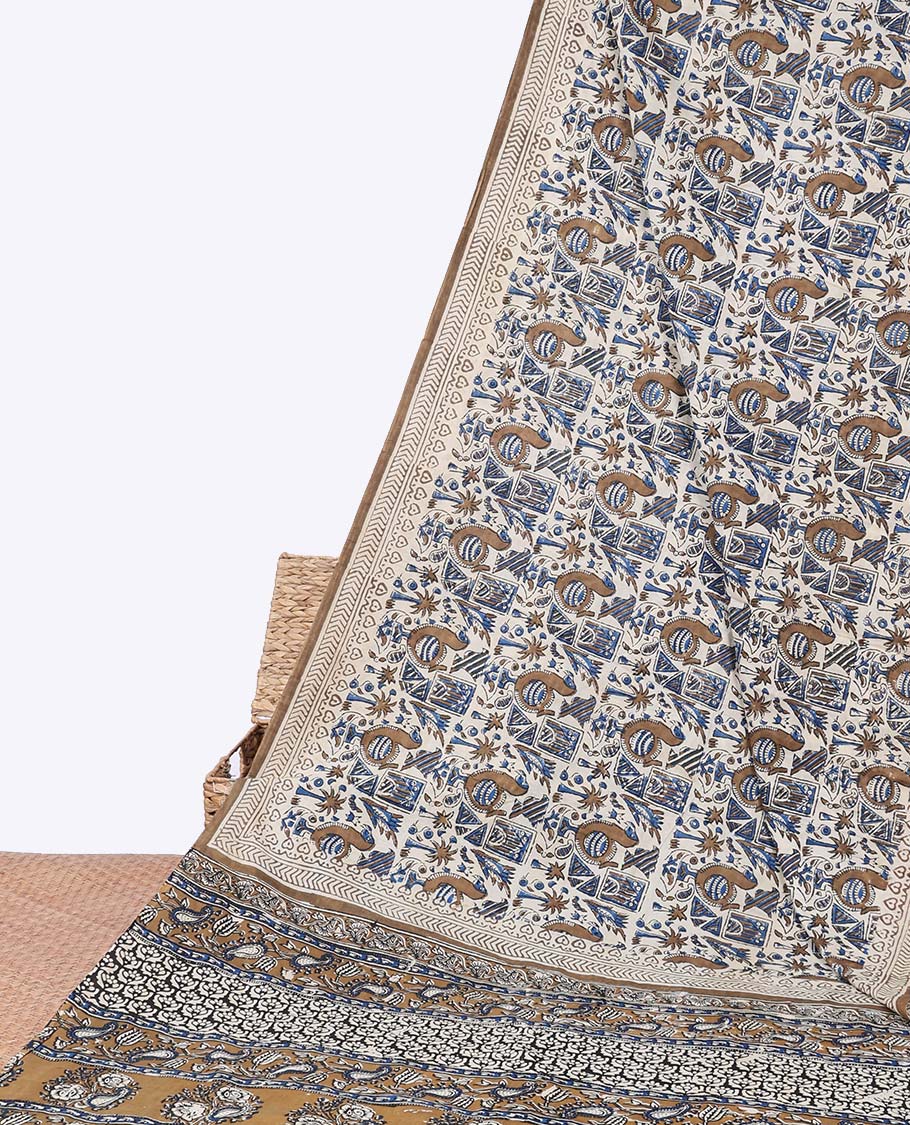 Multi-color flora & fauna printed mul-mul cotton saree, printed border & paisley printed pallu