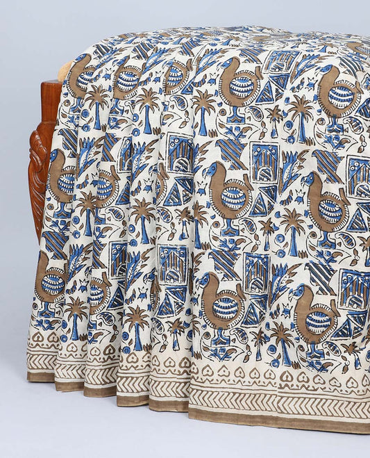 Multi-color flora & fauna printed mul-mul cotton saree, printed border & paisley printed pallu