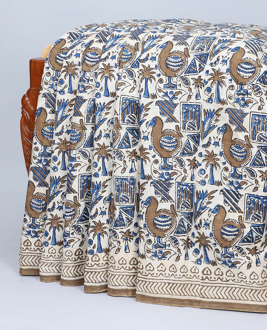 Multi-color flora & fauna printed mul-mul cotton saree, printed border & paisley printed pallu