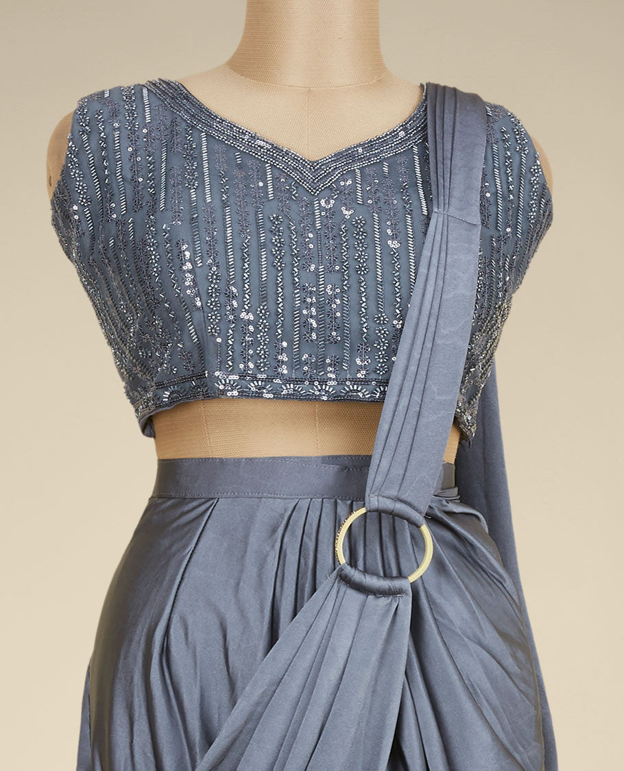 Grey intricately embroidered sleeveless leaf-neck readymade saree