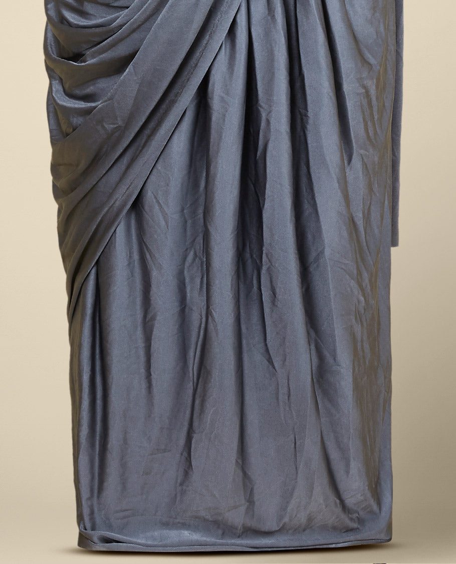 Grey intricately embroidered sleeveless leaf-neck readymade saree
