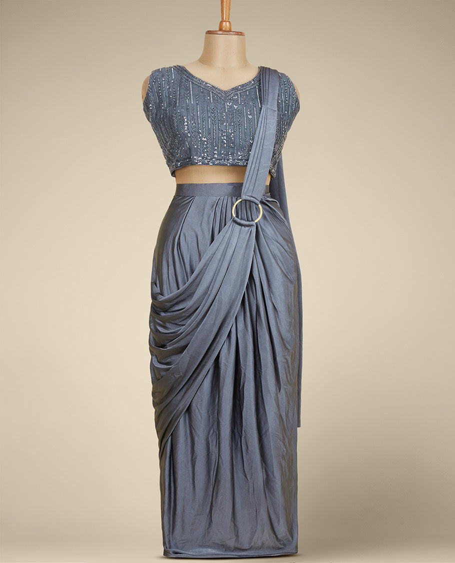 Grey intricately embroidered sleeveless leaf-neck readymade saree