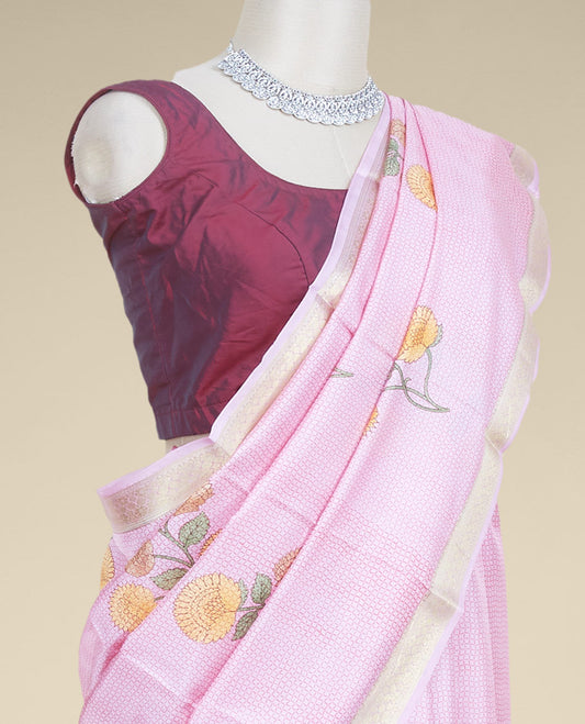 Pink unique design & floral motifs printed silk saree, traditional zari border