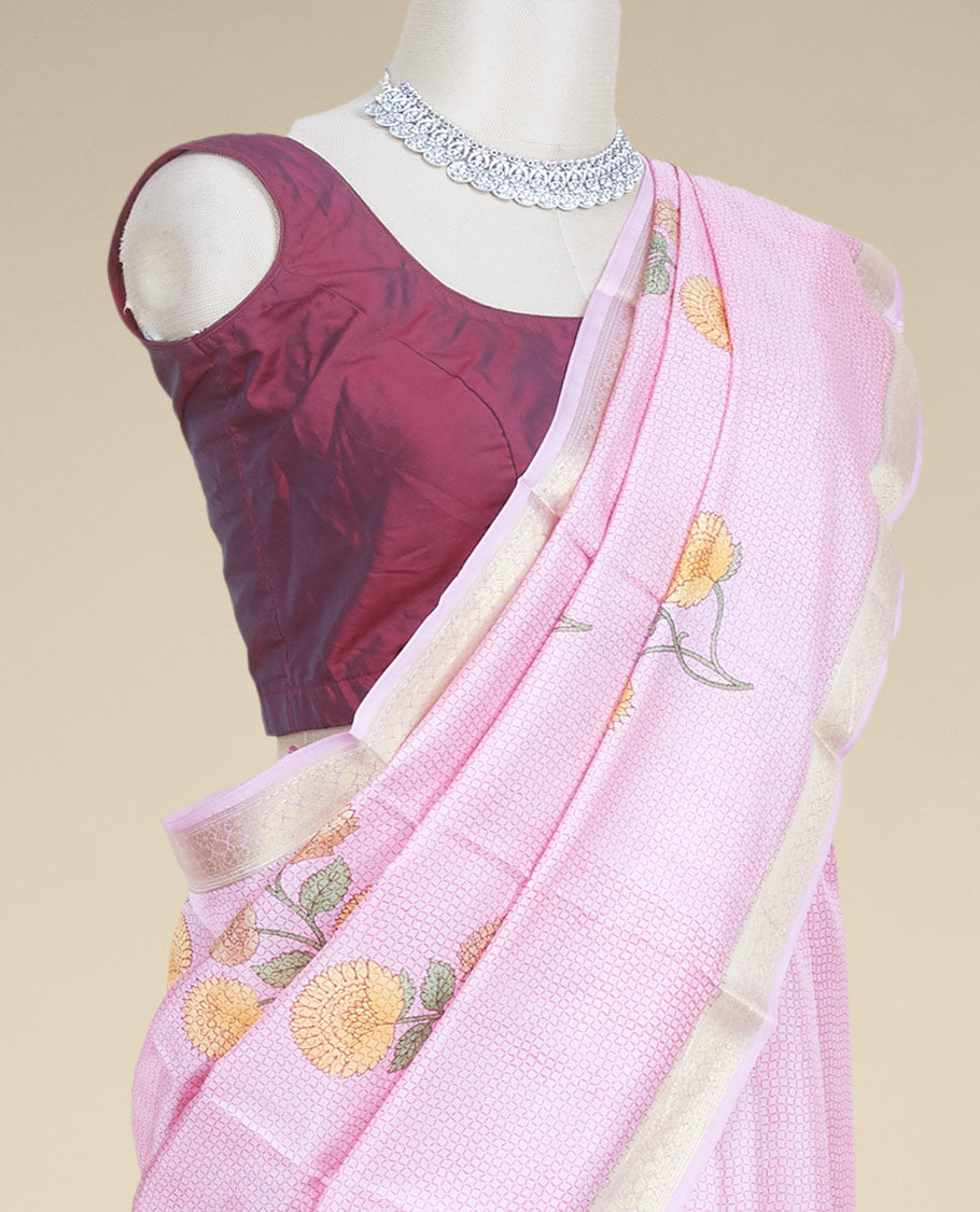 Pink unique design & floral motifs printed silk saree, traditional zari border