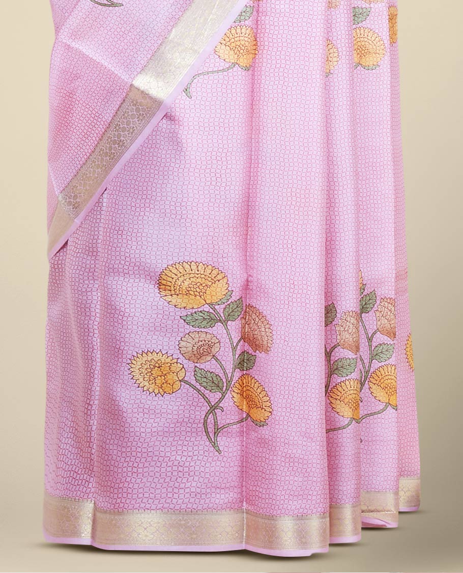 Pink unique design & floral motifs printed silk saree, traditional zari border