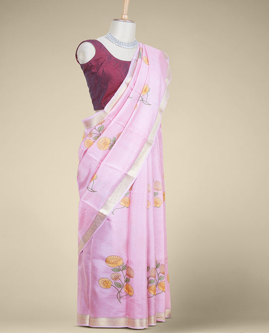 Pink unique design & floral motifs printed silk saree, traditional zari border